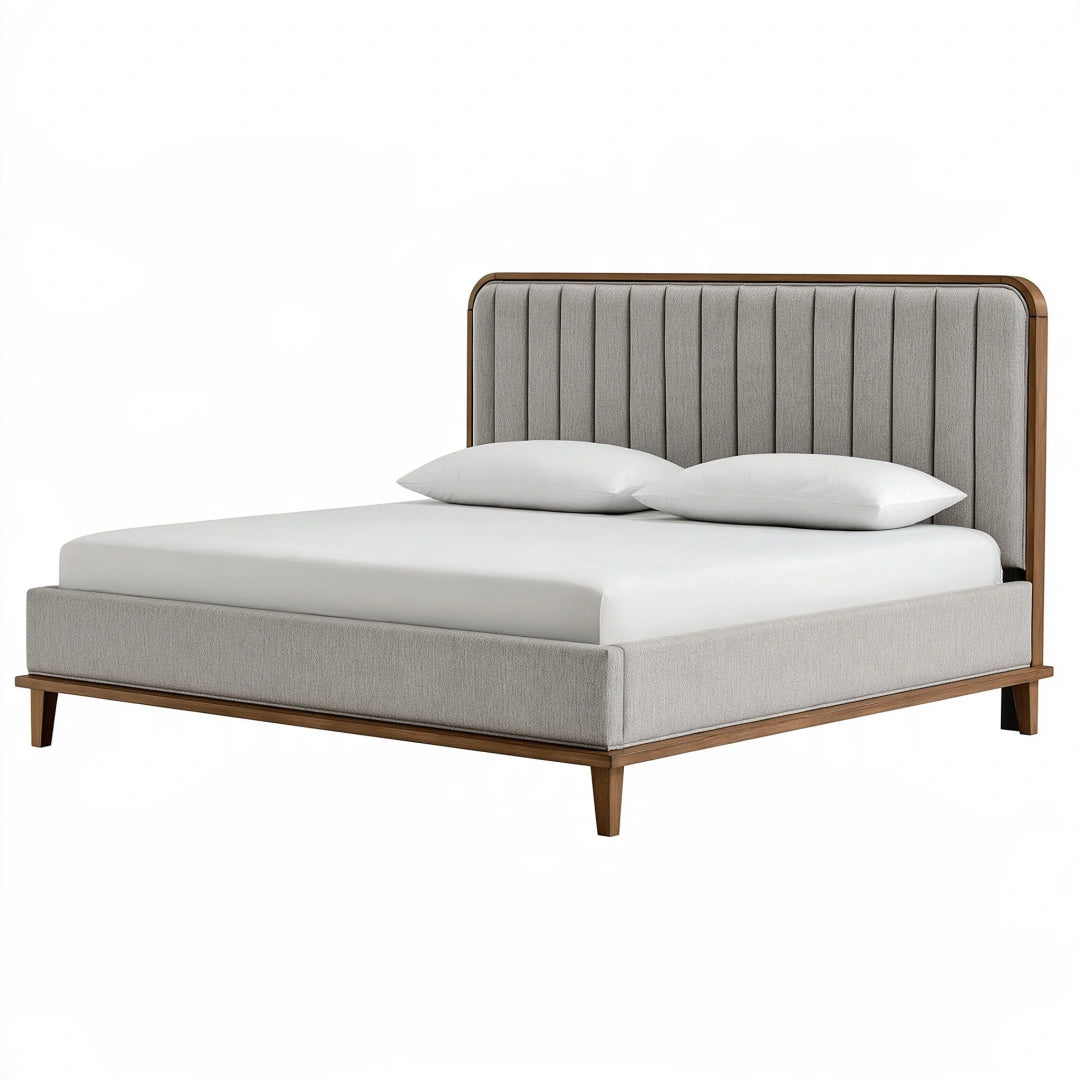 Lit double 160 x 200 cm en tissu gris et bois brun - tête de lit capitonnée