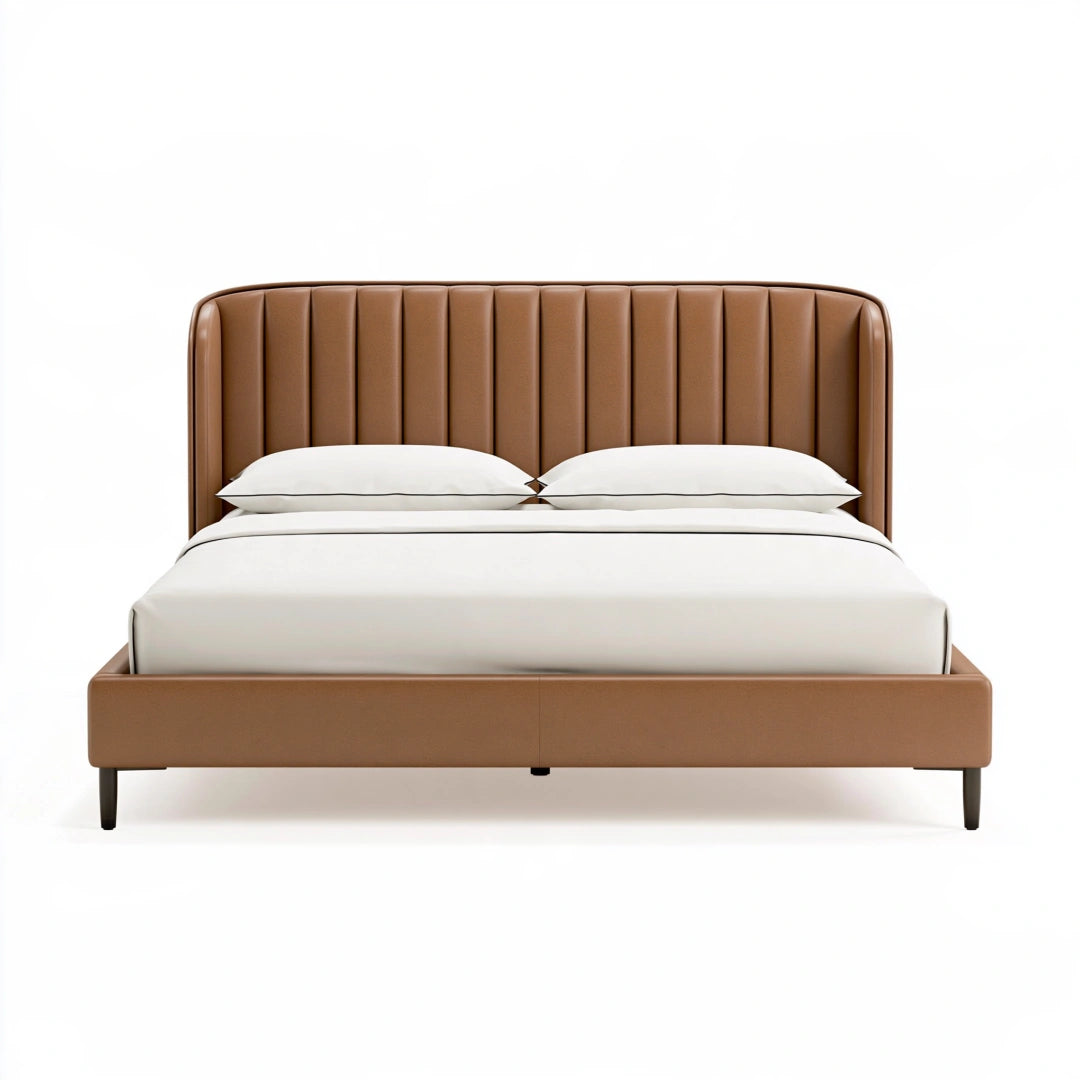 Lit double 160 x 200 cm marron aspect cuir à tête de lit capitonnée