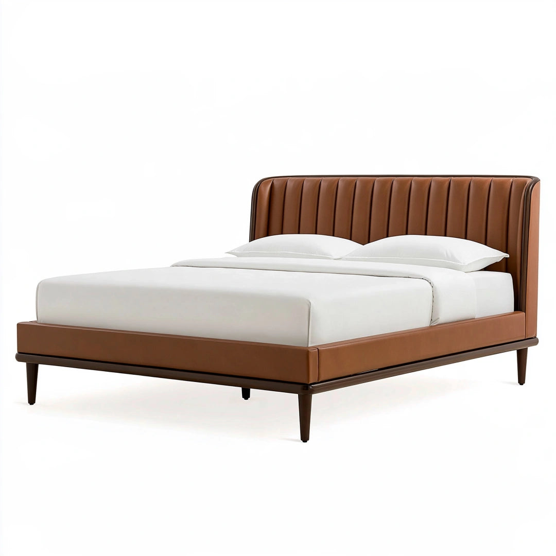 Lit double 160 x 200 cm en similicuir marron - tête de lit capitonnée style contemporain