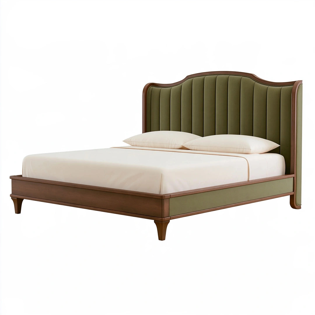 Lit 160 x 200 cm en bois et tissu vert olive style classique avec tête de lit capitonnée