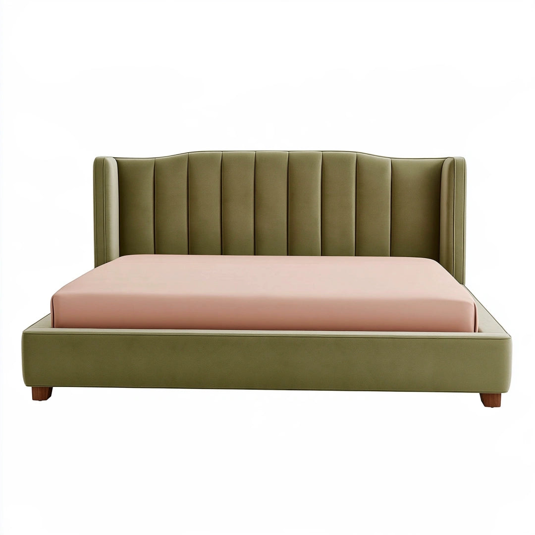 Lit double 160 x 200 cm en similicuir vert olive avec tête de lit capitonnée