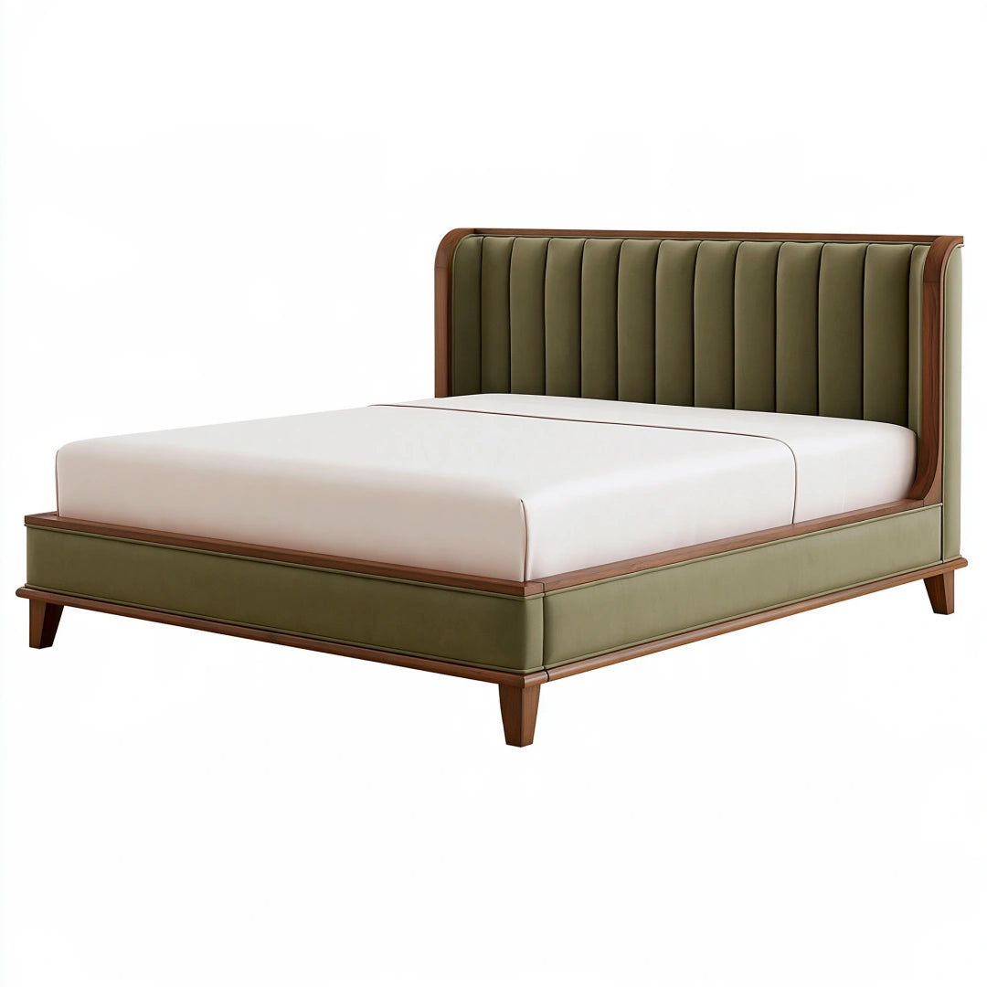 Lit 2 places 160 x 200 cm en tissu vert olive et bois - Style contemporain capitonné
