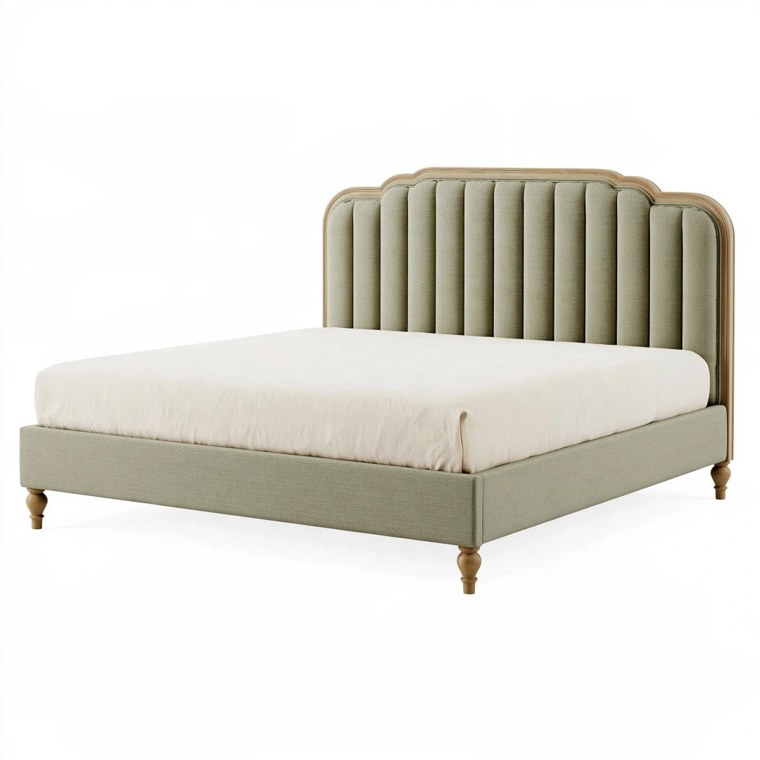 Lit double 160 x 200 cm en tissu vert sauge avec tête de lit capitonnée style classique