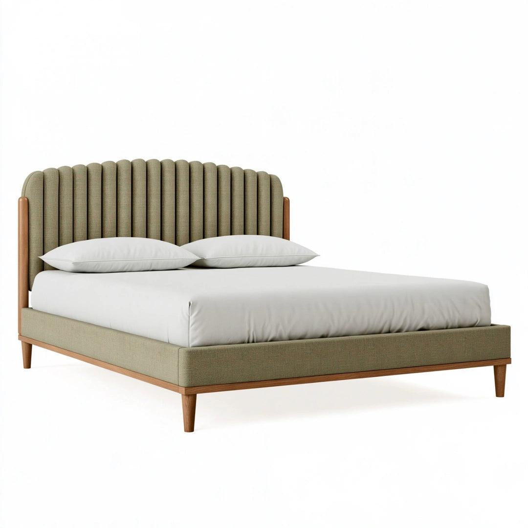 Lit 160 x 200 cm en tissu vert et bois - tête de lit capitonnée style contemporain
