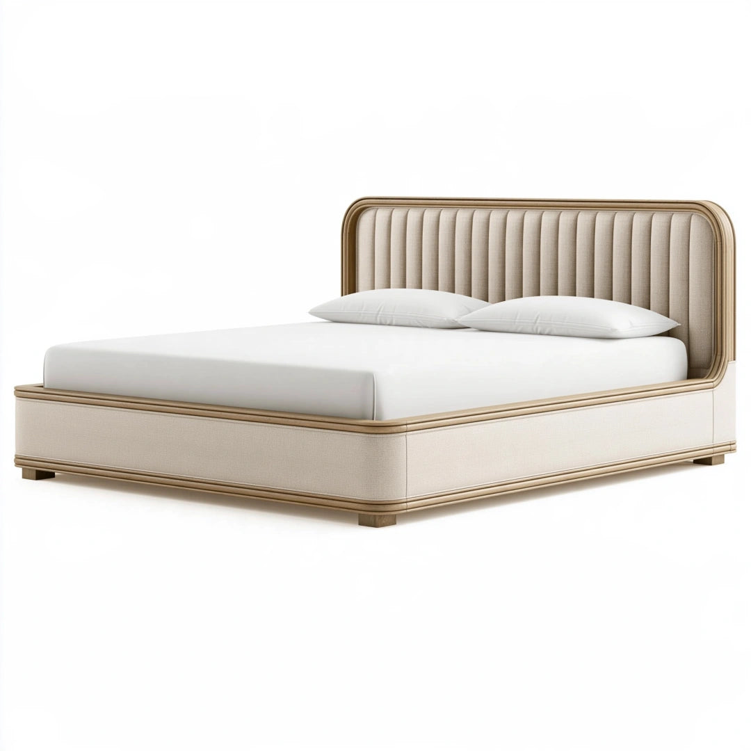 Lit 160 x 200 cm en tissu beige et bois - tête de lit capitonnée