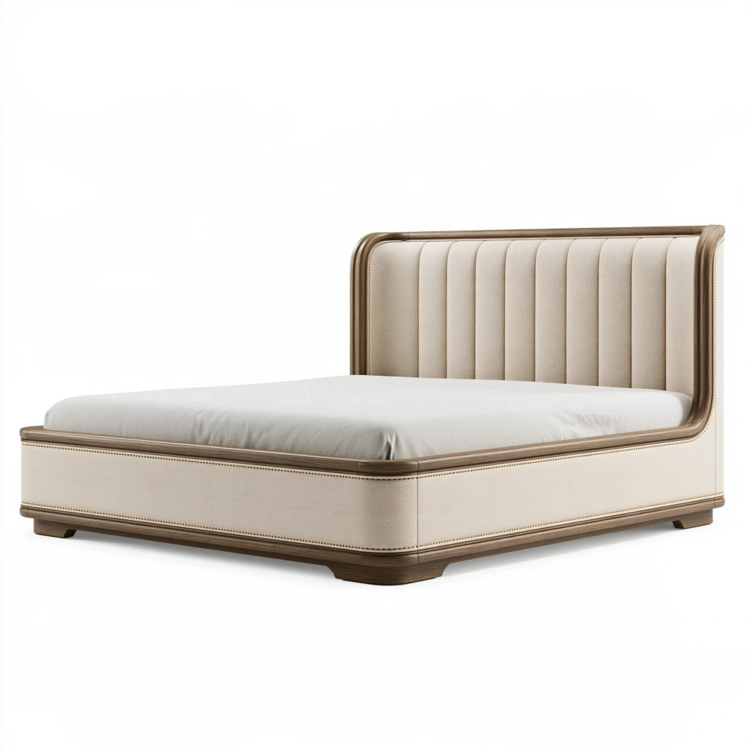 Lit 160 x 200 cm en bois et tissu beige - tête de lit capitonnée style contemporain