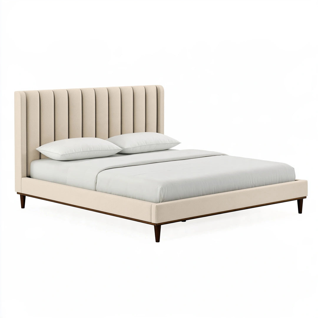 Lit double 160 x 200 cm en tissu beige avec tête de lit capitonnée à rainures verticales