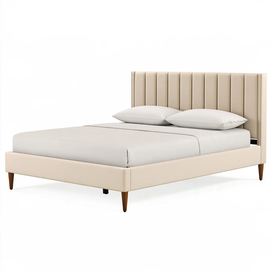 Lit double 160 x 200 cm en tissu beige avec tête de lit capitonnée moderne