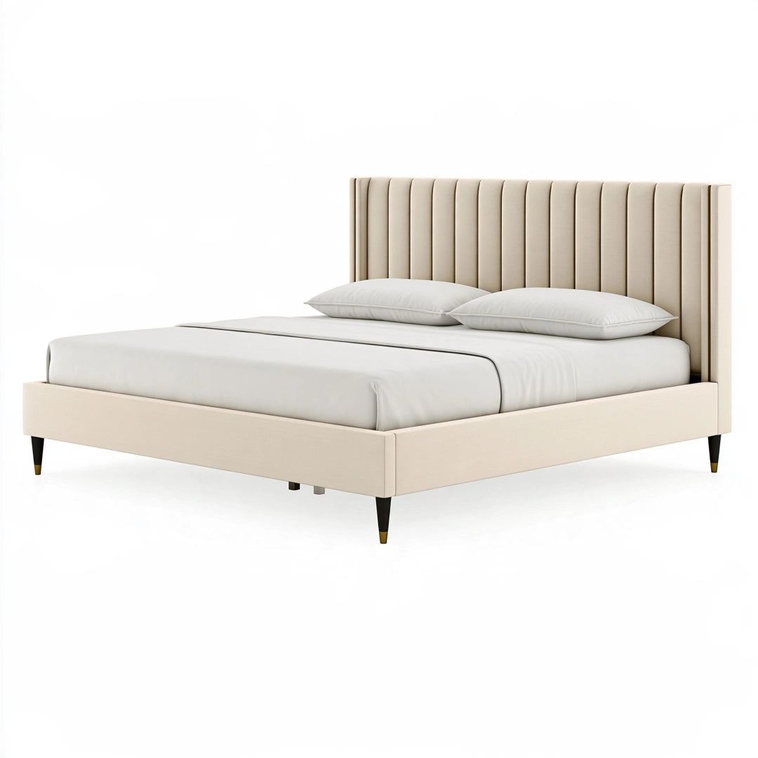 Lit 160 x 200 cm en tissu beige avec tête de lit capitonnée style contemporain