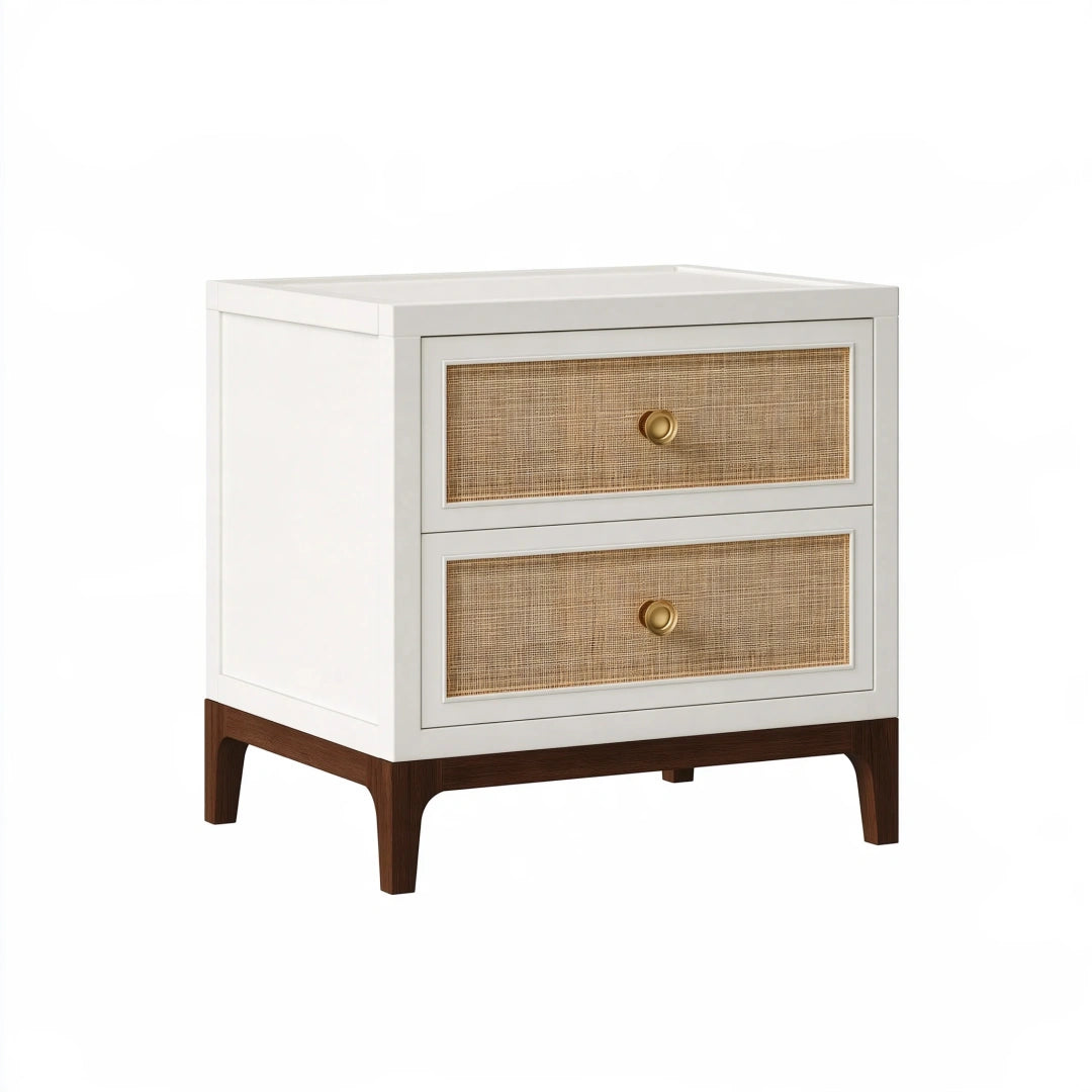 Table de chevet 60 x 45 x 65 cm en bois blanc et rotin à 2 tiroirs style contemporain