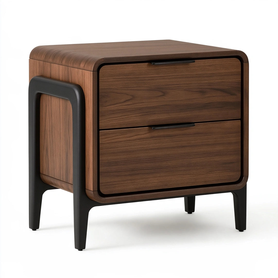 Table de chevet 55 x 40 x 55 cm aspect noyer et noir à 2 tiroirs style contemporain