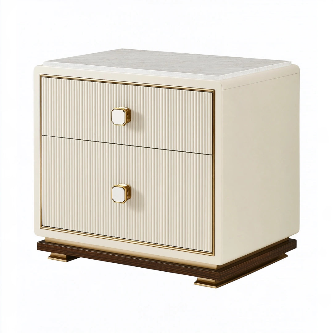 Table de chevet 55 x 45 x 55 cm en bois d'ingénierie ivoire et doré à 2 tiroirs style contemporain