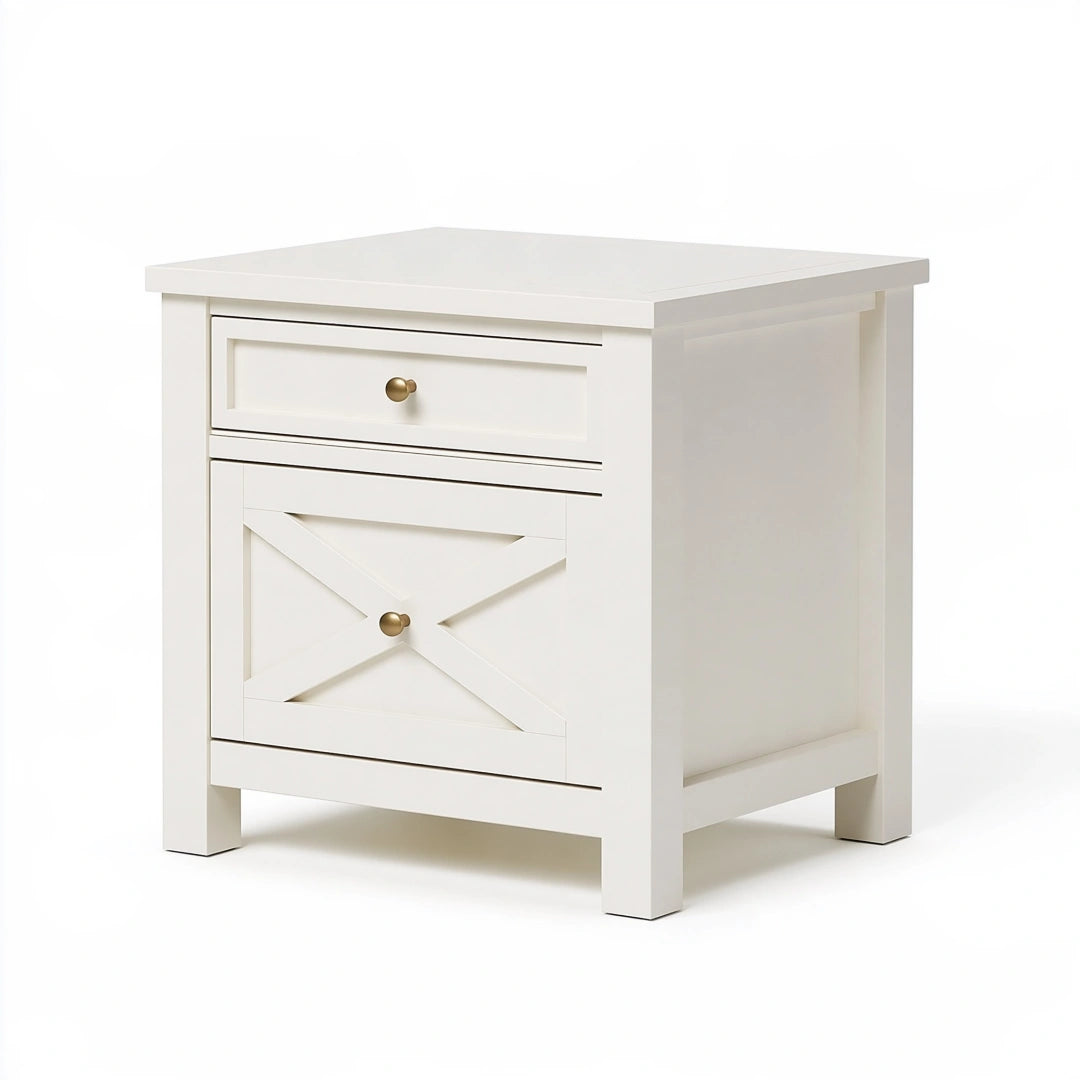 Table de chevet 60 x 40 x 65 cm en bois blanc avec tiroir et porte style campagne