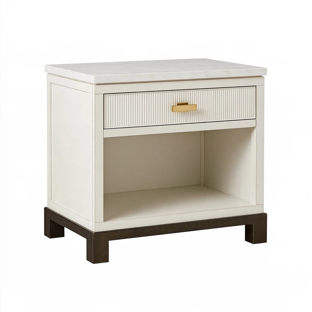 Table de chevet 60 x 45 x 65 cm en bois blanc et brun avec plateau aspect marbre - rangement à tiroir style contemporain