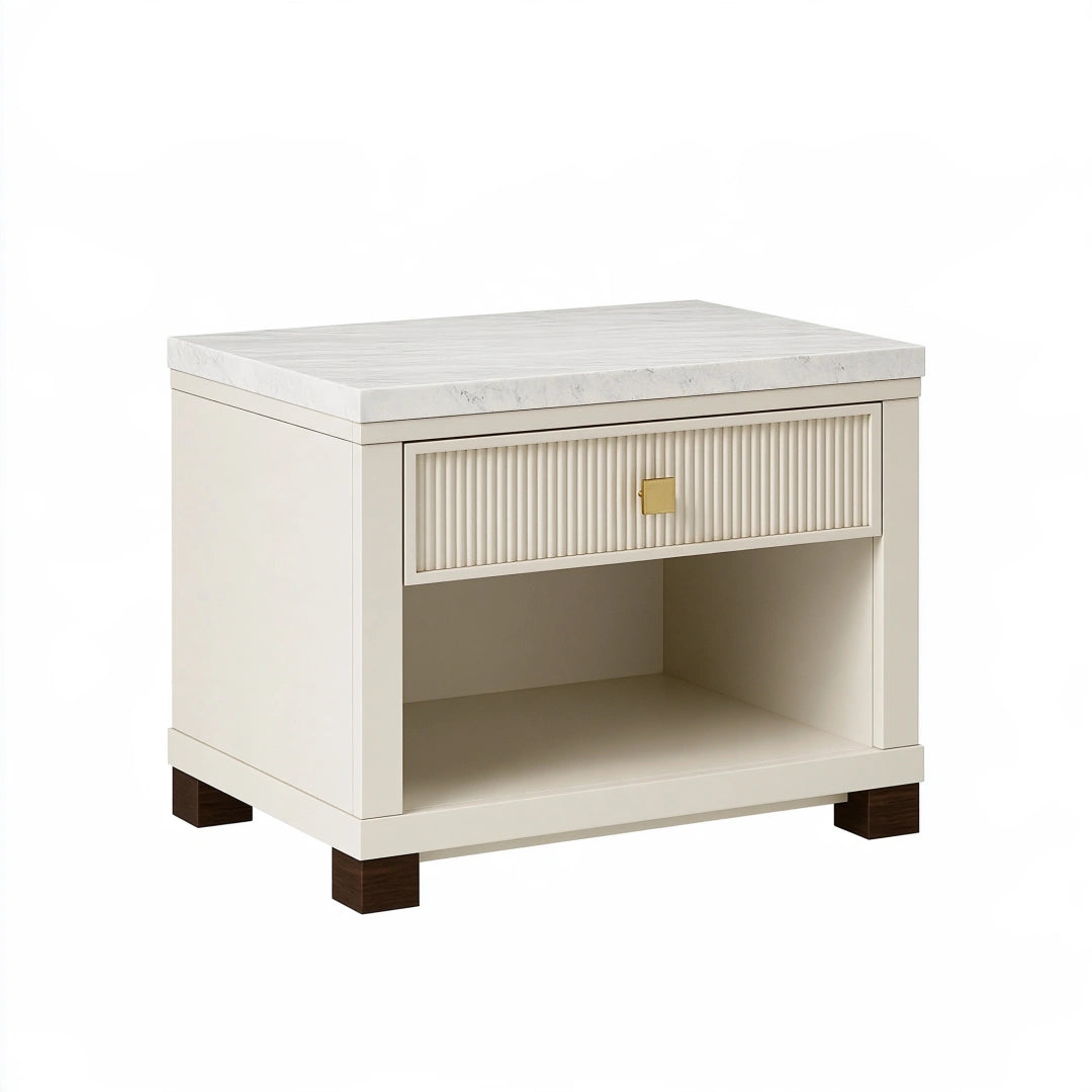 Table de chevet 60 x 45 x 60 cm en bois crème avec plateau aspect marbre et tiroir