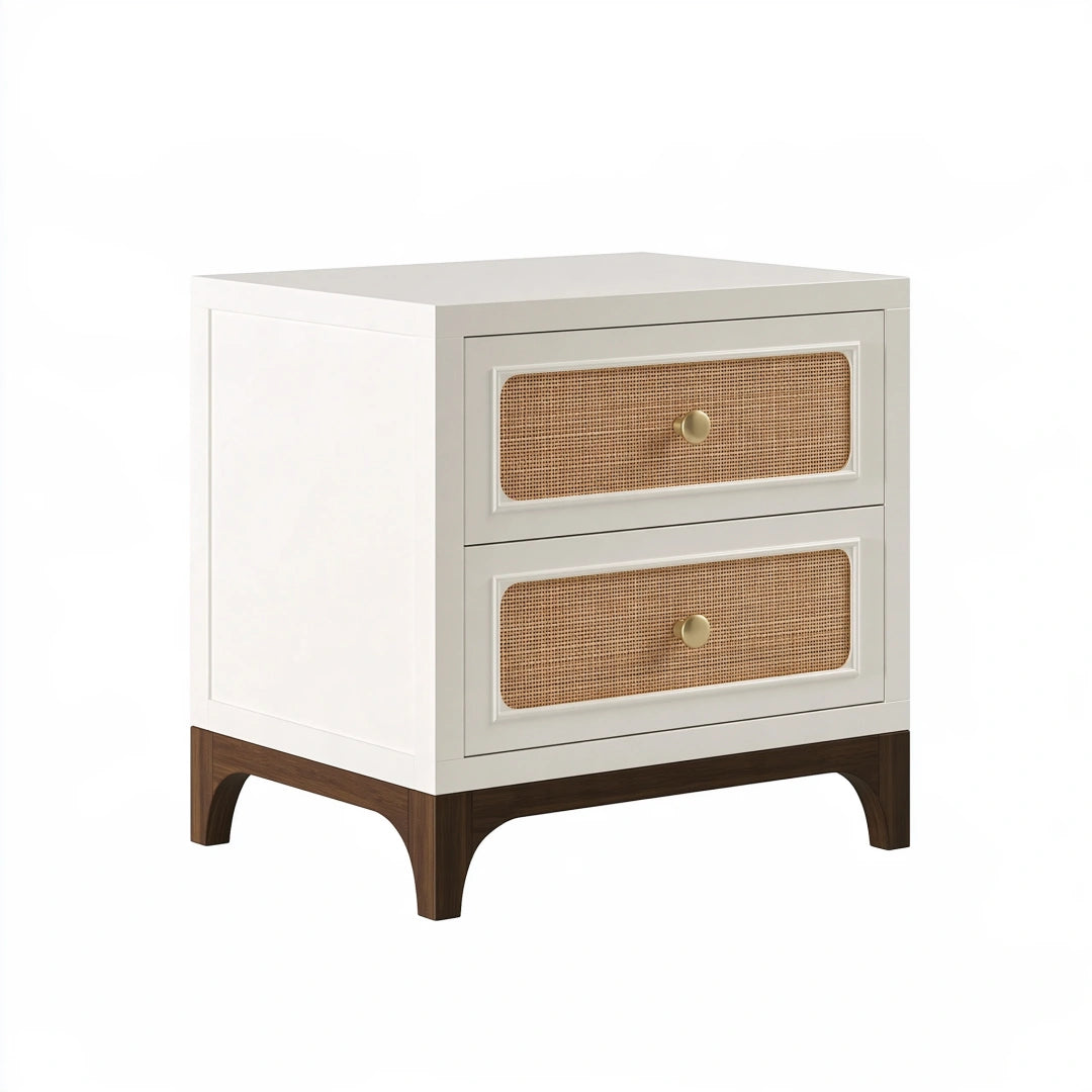 Table de chevet 50 x 40 x 60 cm en bois blanc et noyer avec 2 tiroirs en cannage style rétro