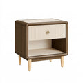 Table de chevet 45 x 40 x 60 cm en panneaux aspect noyer et crème avec tiroir style contemporain