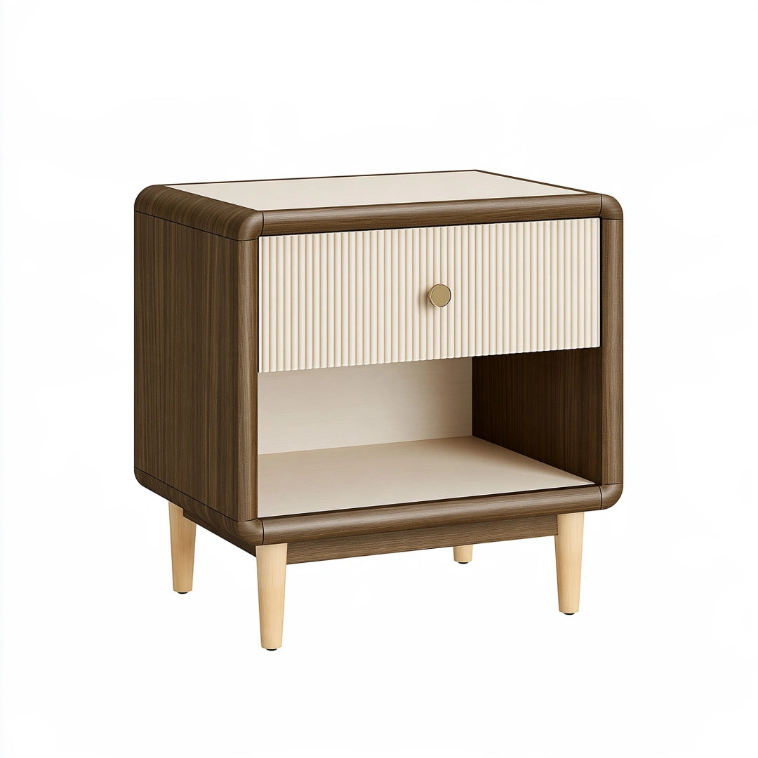 Table de chevet 45 x 40 x 60 cm en panneaux aspect noyer et crème avec tiroir style contemporain
