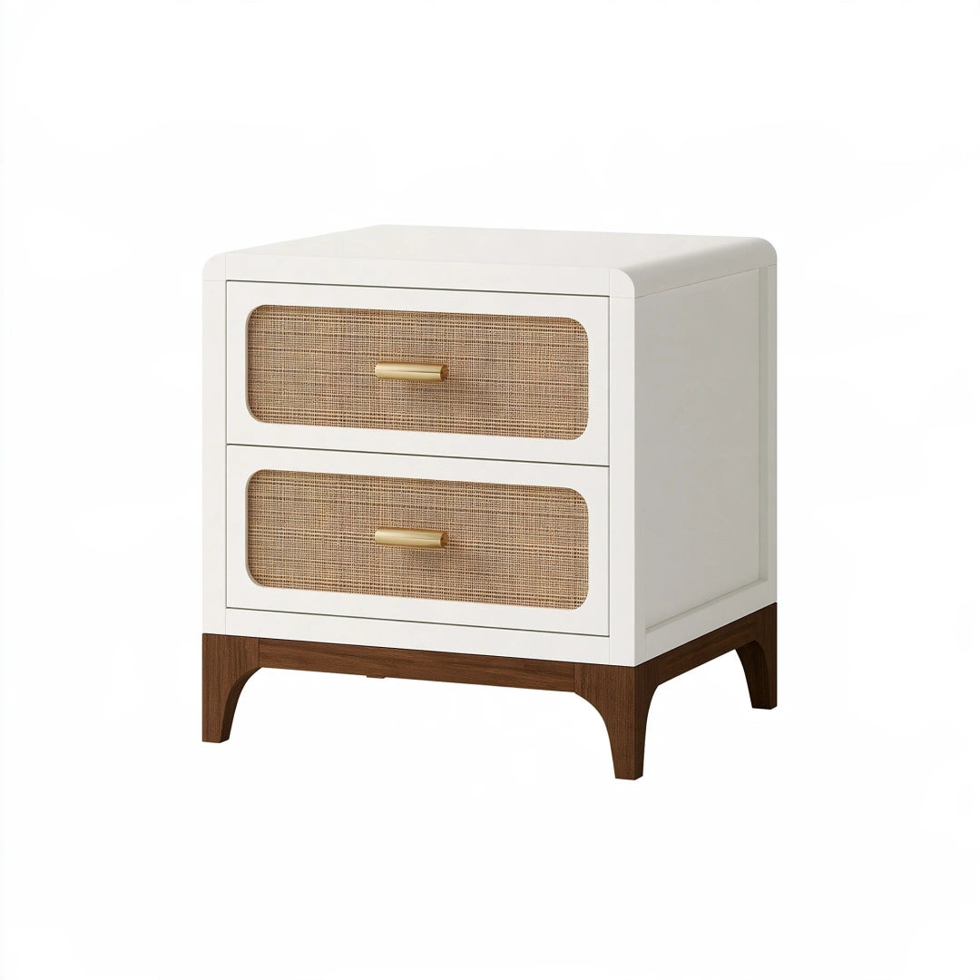 Table de chevet 60 x 45 x 65 cm en bois blanc et cannage naturel - 2 tiroirs style contemporain